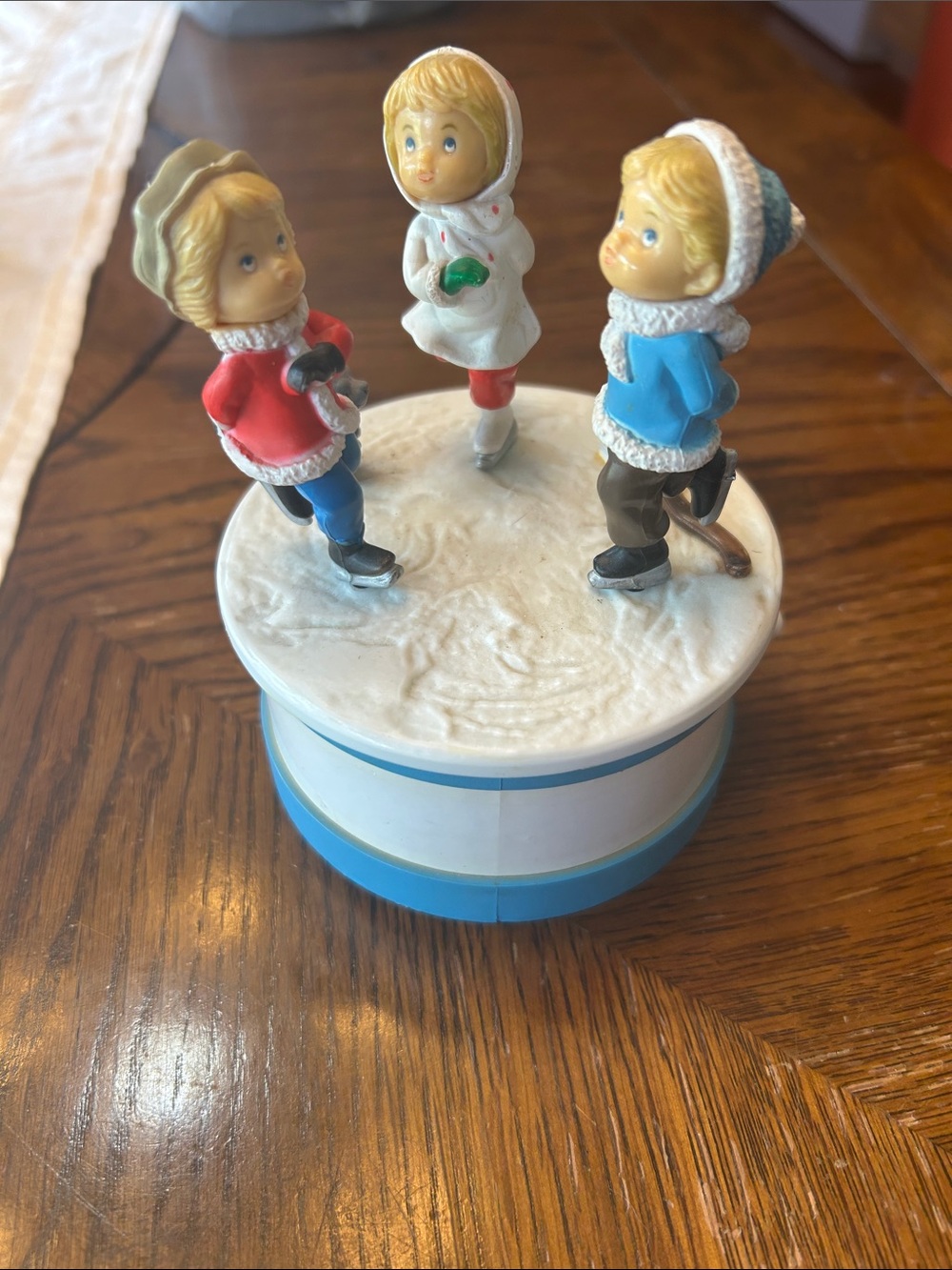 Merton 1984 Winter Ice Skating Carolers Music Box - Blue, Red, White Figurine